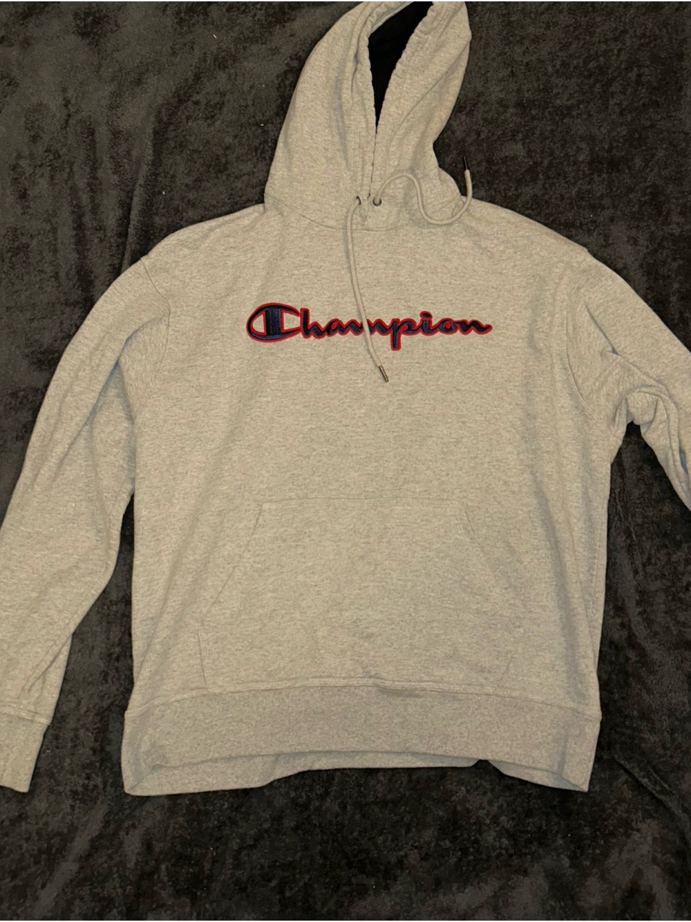 Champion Light Gray Hoodie with Red & Navy Script Logo